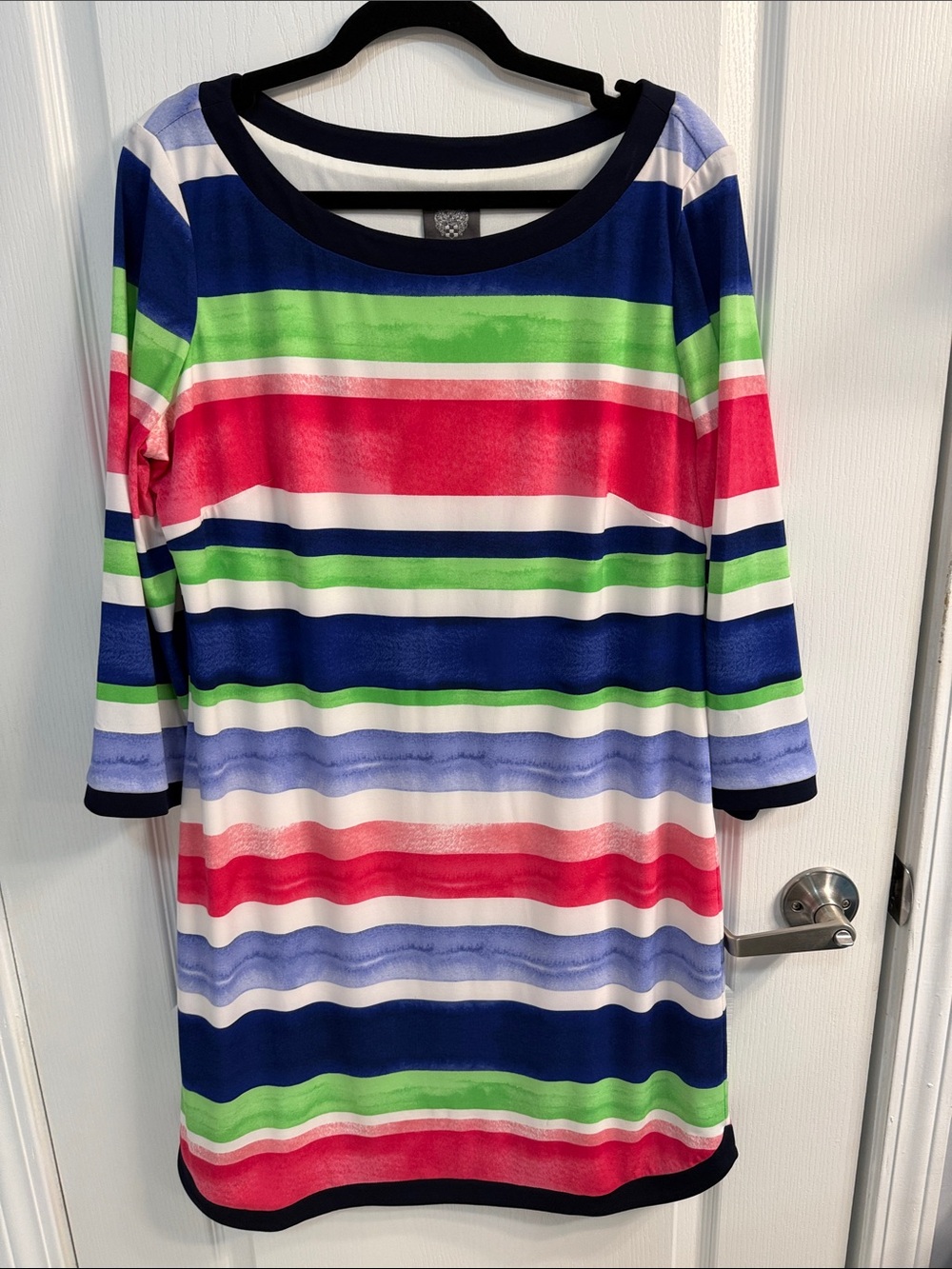 Vince Camuto Watercolor Striped Midi Dress - Navy, Red, Green, White-Preppy
